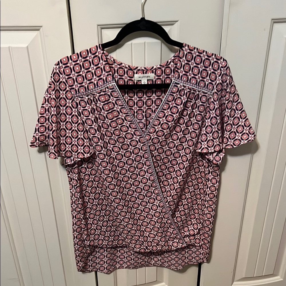 Max Studio Red and White Flutter Sleeve Wrap Blouse